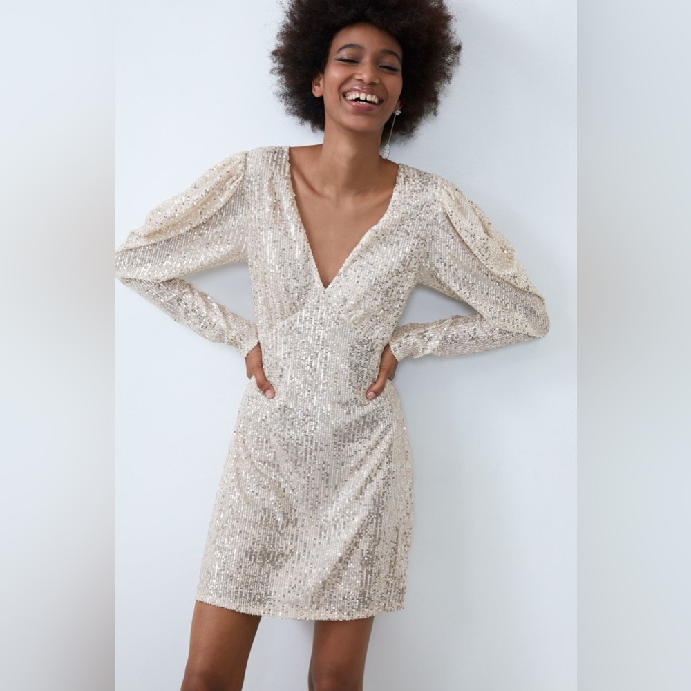 Zara Champagne Sequin V-Neck Long Sleeve Mini Dress